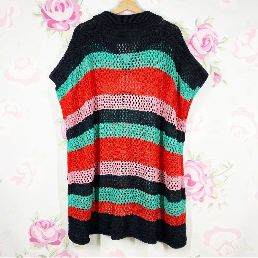 NEW Free People Bayside Stripe Black Combo Crochet Summer Beach Knit Poncho OS